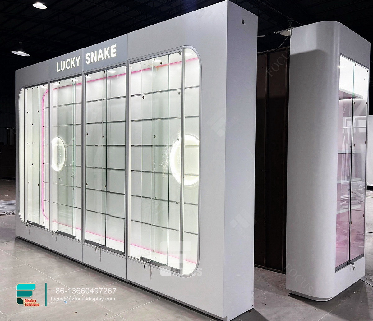 dispensary shelving counter display glass wall showcase