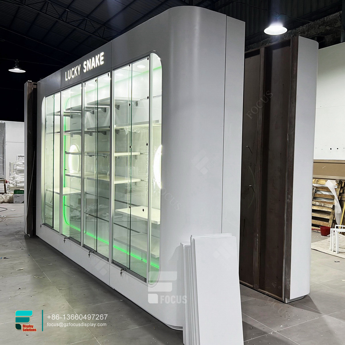 dispensary shelving counter display glass wall showcase