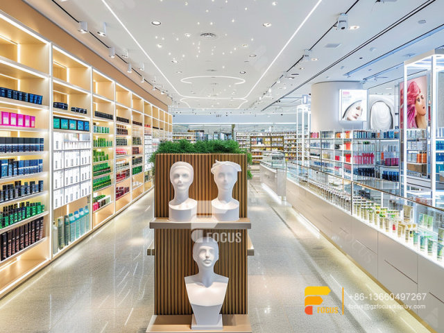 Cosmetic Display Shelf Perfume Store Interior Design Wood Wig Stand