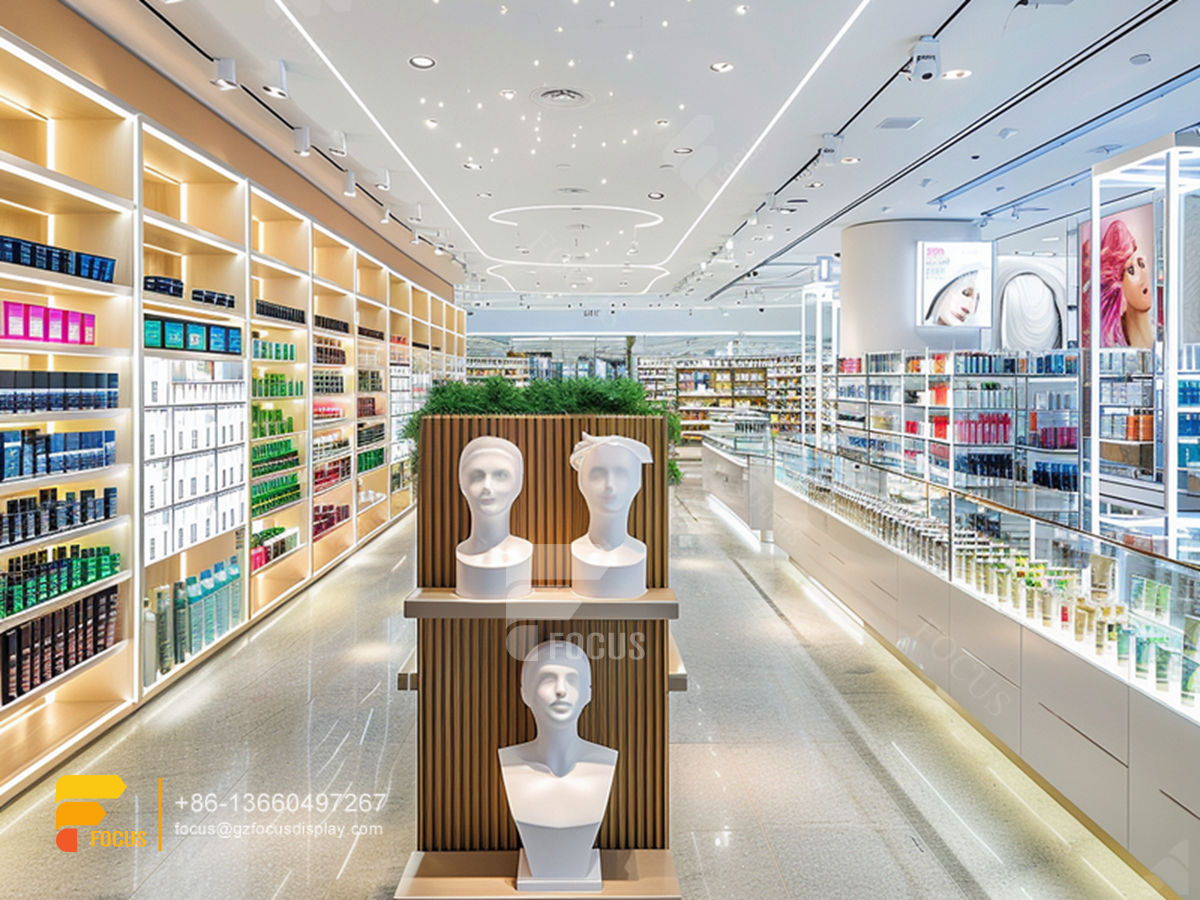 cosmetic display shelf perfume store interior design wood wig stand