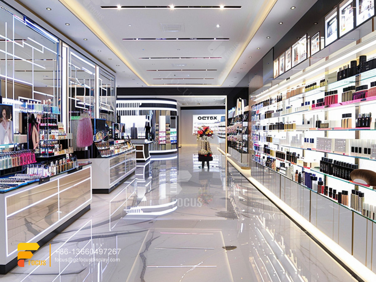 cosmetic retail shop design glass perfume display case hair stands