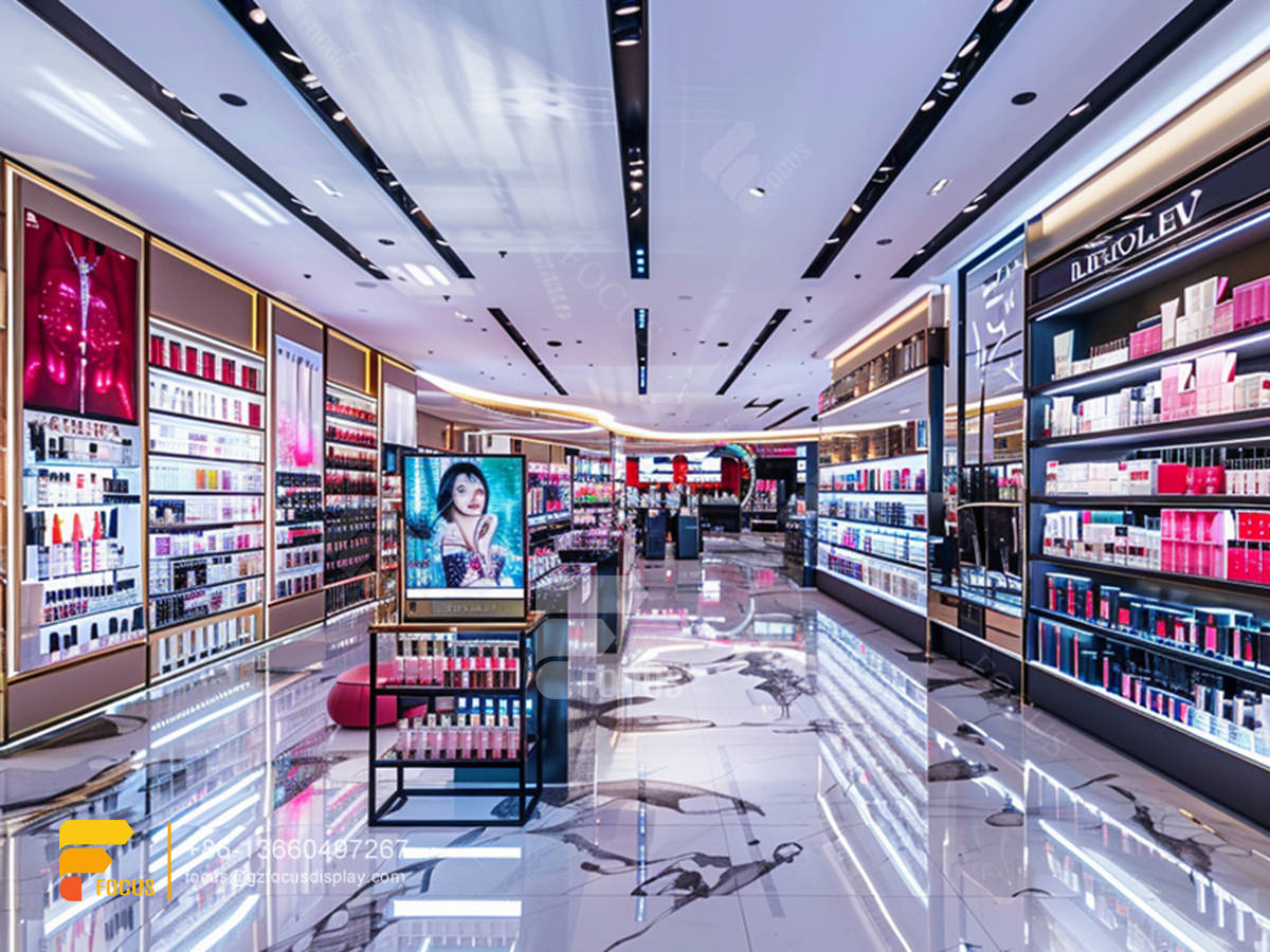 cosmetic retail shop design glass perfume display case hair stands