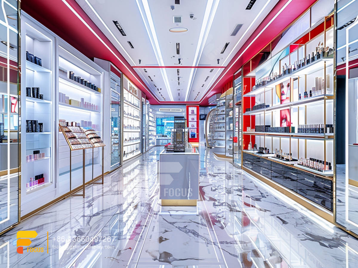 cosmetic retail shop design glass perfume display case hair stands