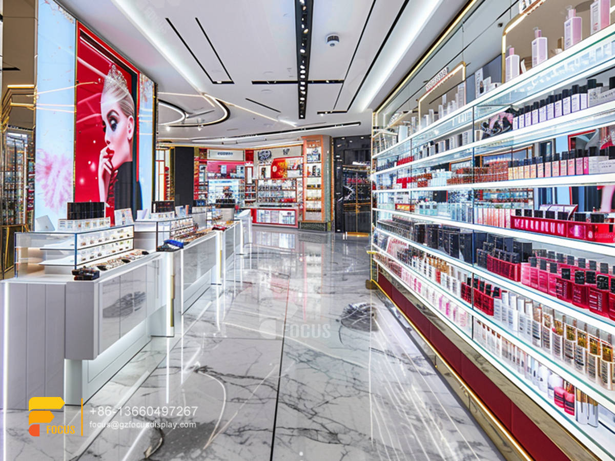 cosmetic retail shop design glass perfume display case hair stands