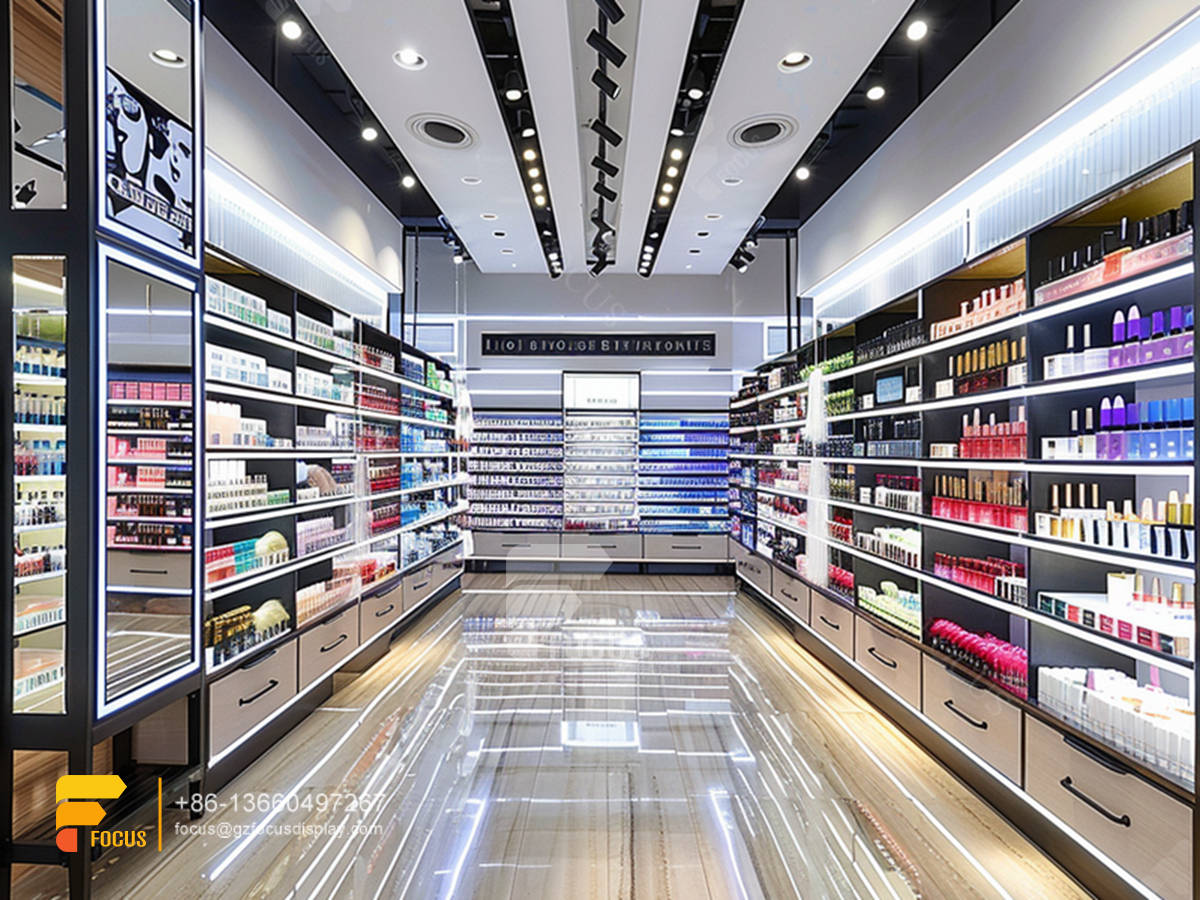cosmetic retail shop design glass perfume display case hair stands