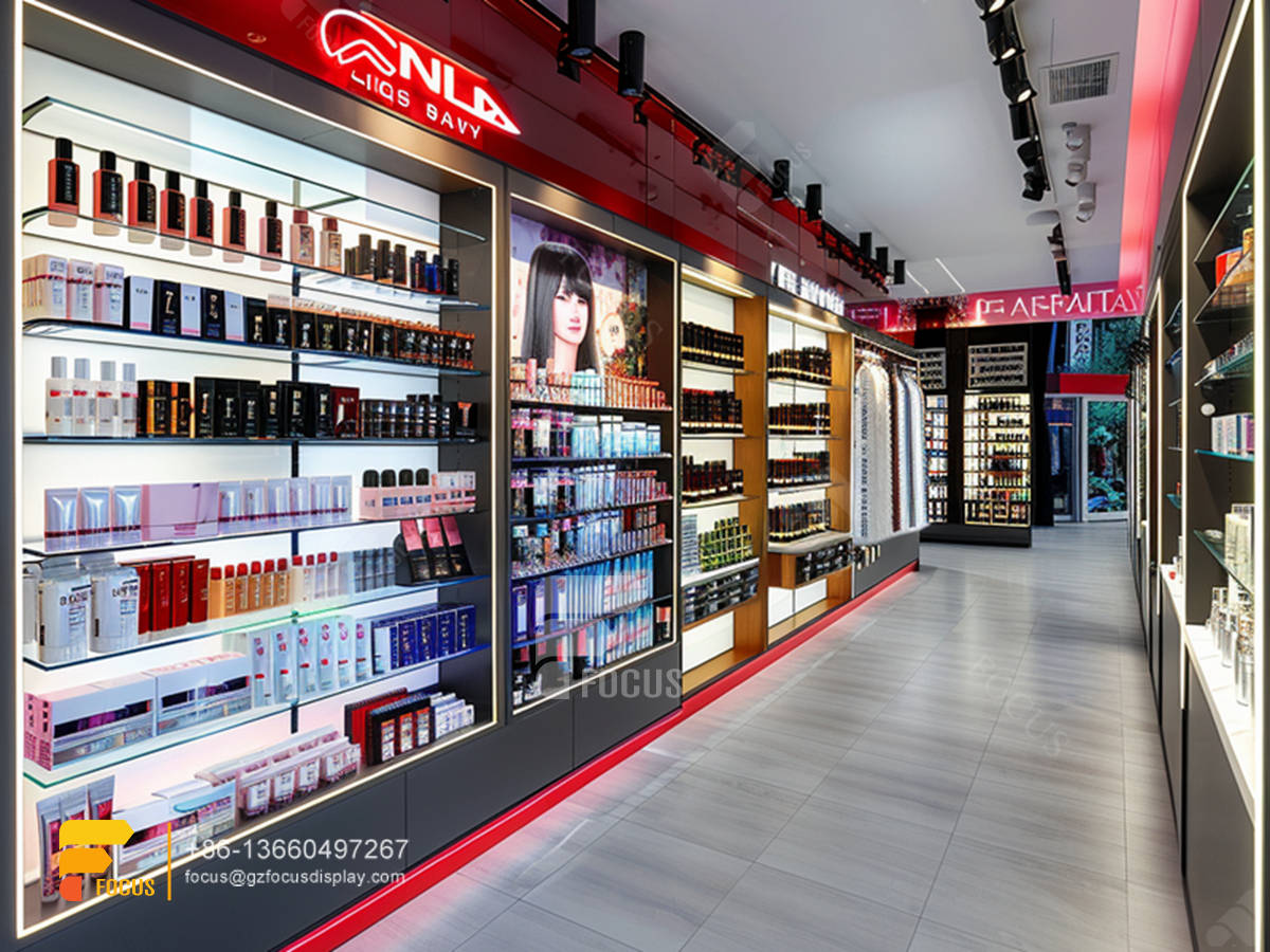 cosmetic shelves perfume store design wig display cabinet
