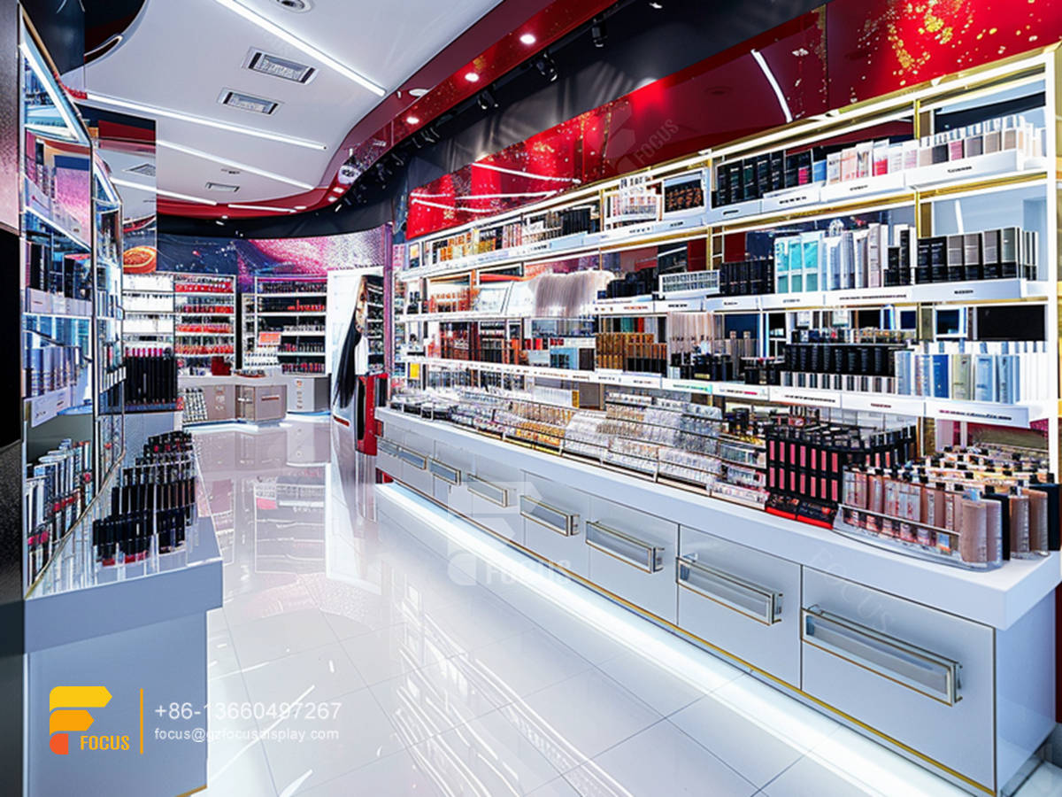 cosmetic shop counter design perfume shelf display wig stand