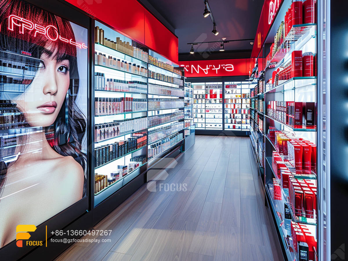 cosmetic shop design perfume display wall wig rack stand