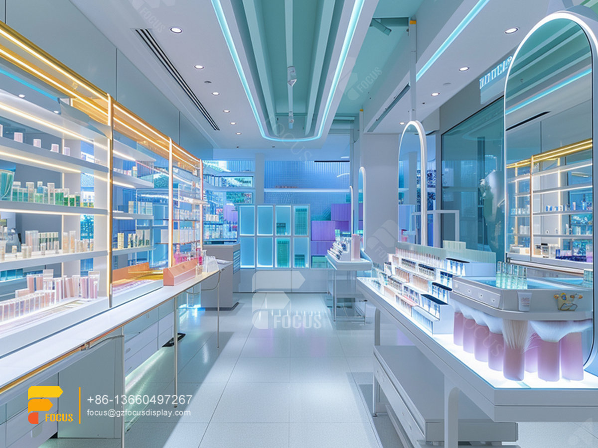custom cosmetic displays perfume shelves wig stands