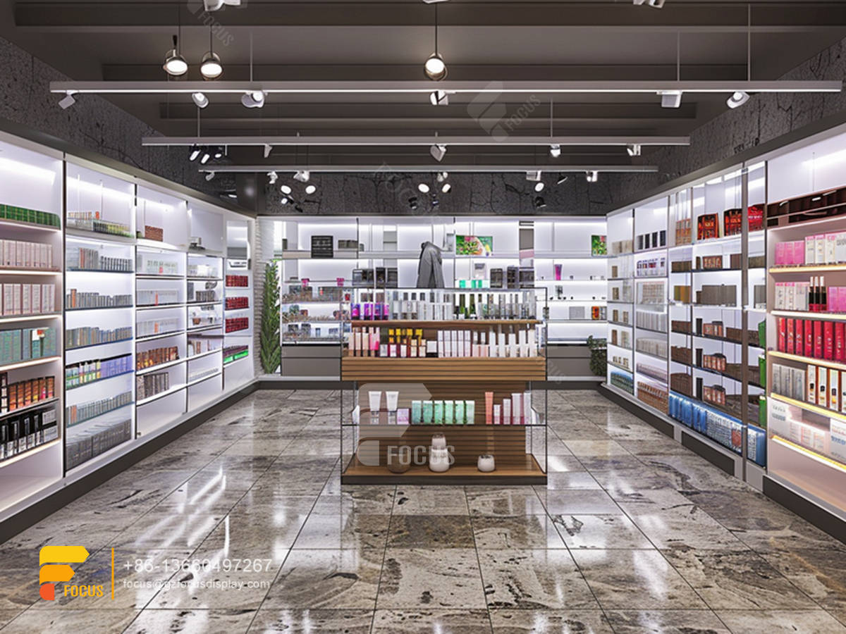 custom display cosmetic perfume shelfs wig wall rack