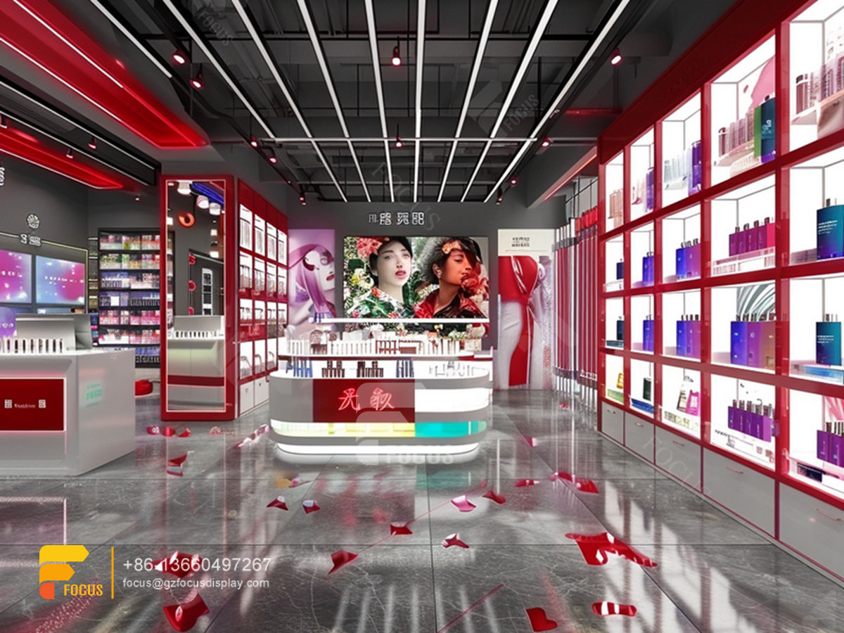 perfume counter cosmetic wall shelf hair shop interior design