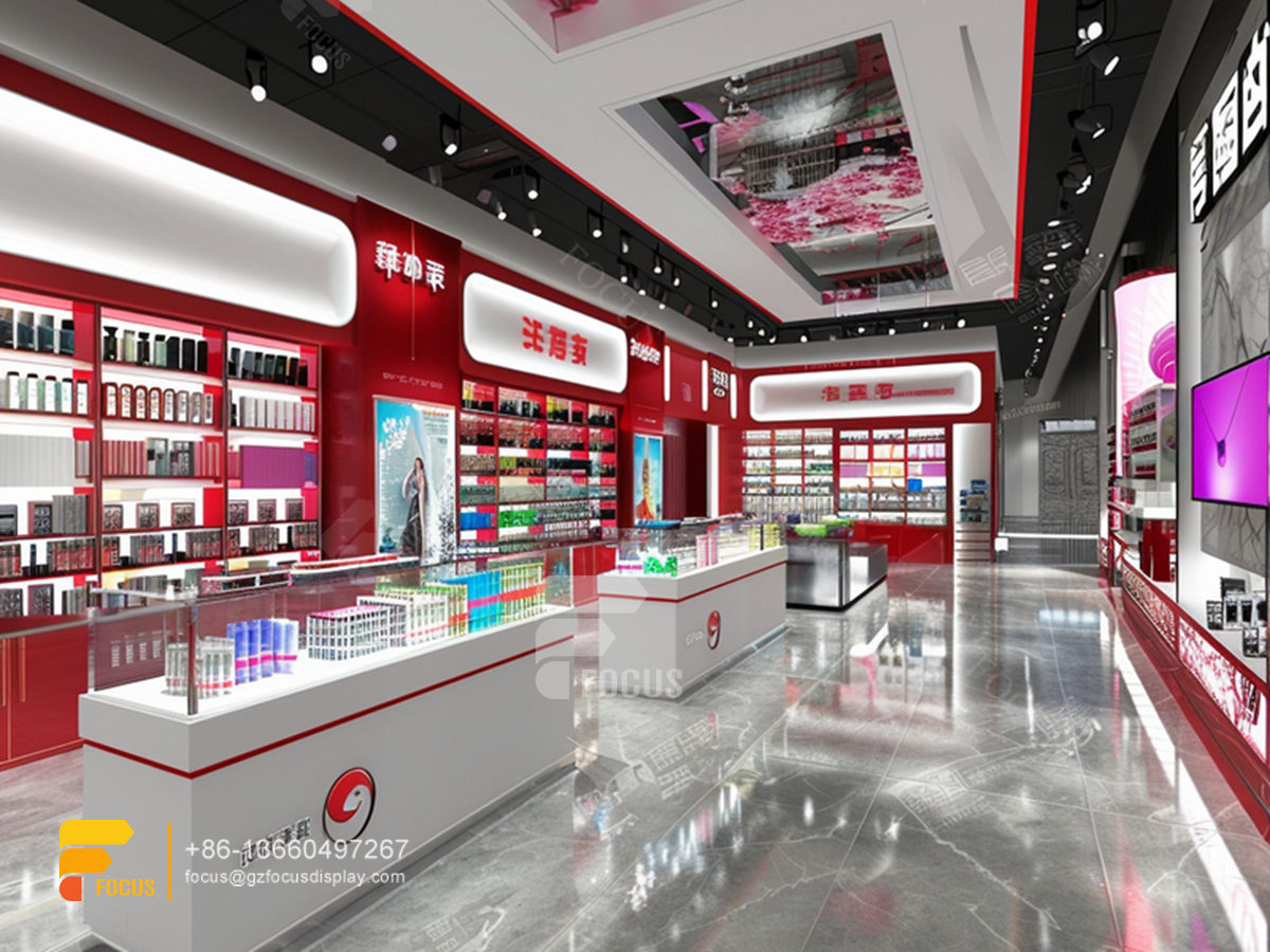 perfume counter cosmetic wall shelf hair shop interior design