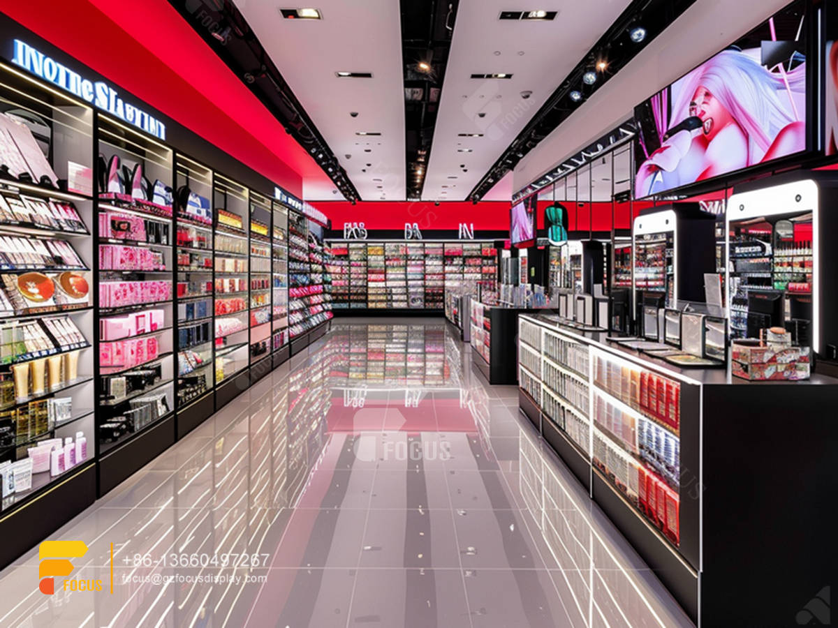 perfume counter cosmetic wall shelf hair shop interior design