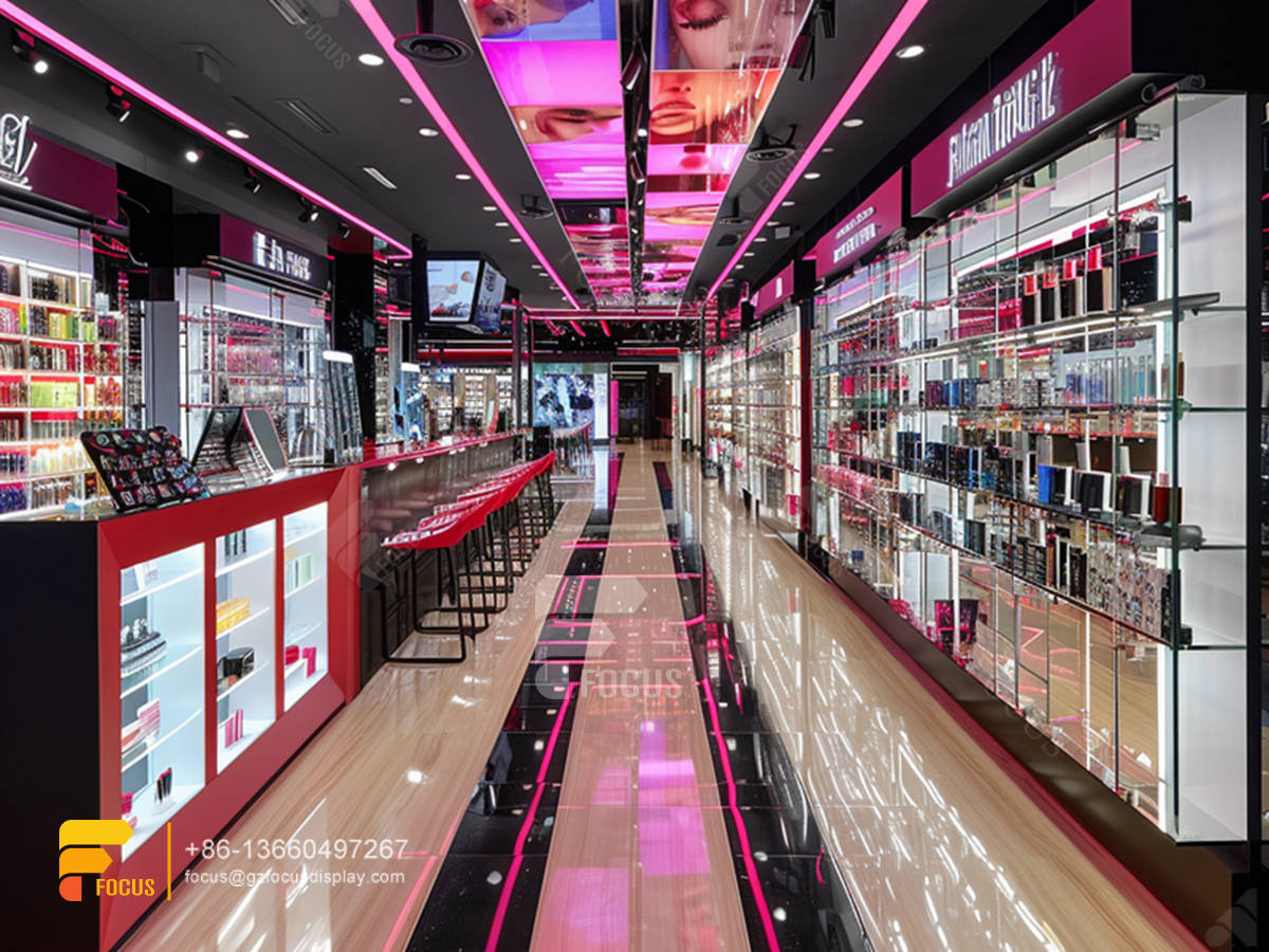 perfume counter cosmetic wall shelf hair shop interior design