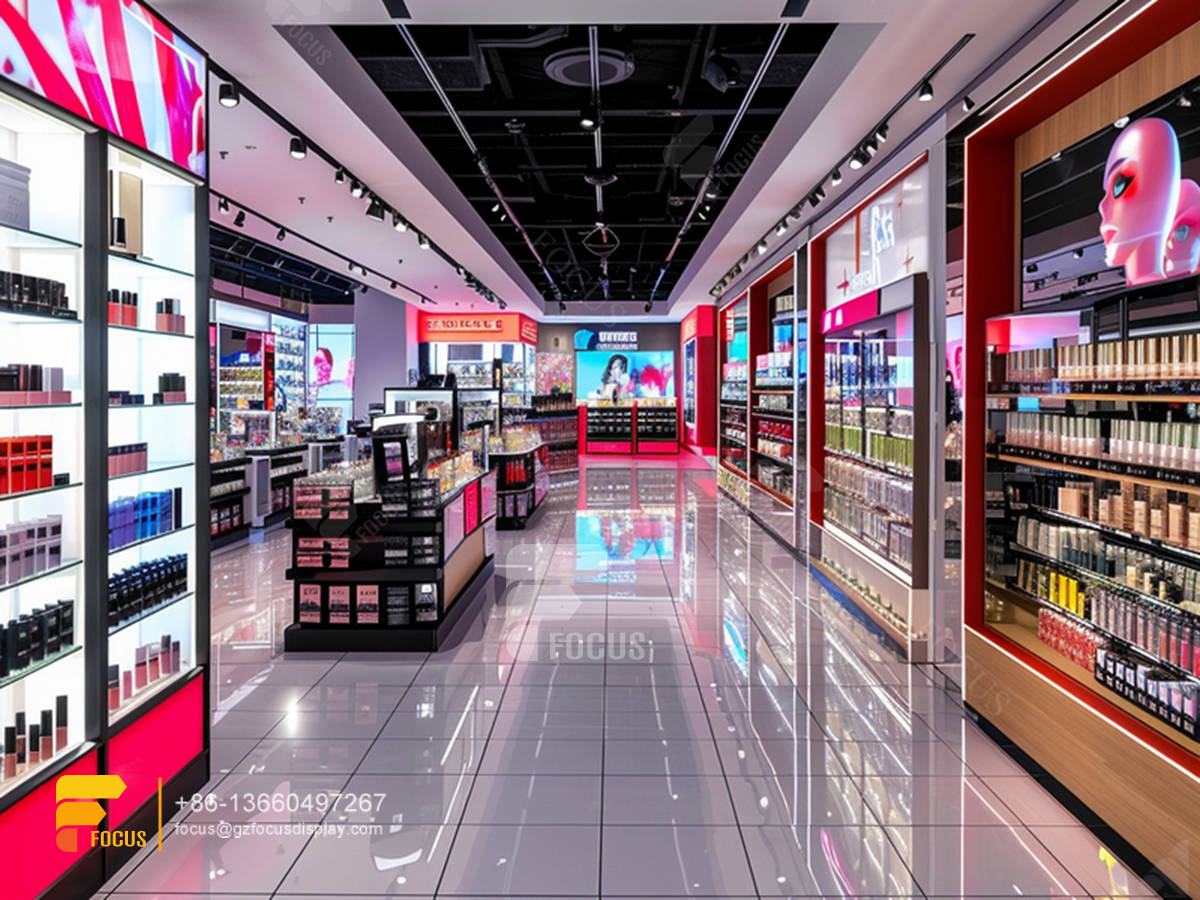 perfume counter cosmetic wall shelf hair shop interior design