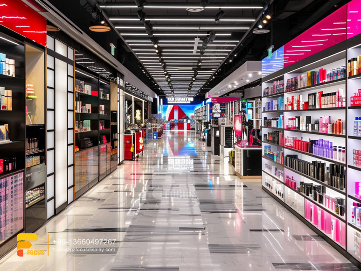 perfume counter cosmetic wall shelf hair shop interior design