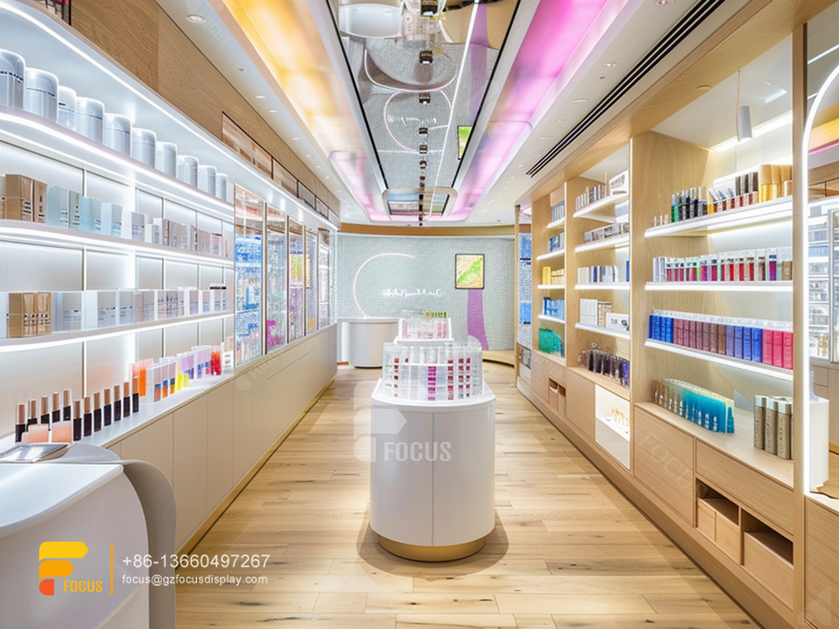 perfume display wall beauty counter cosmetics wig stands