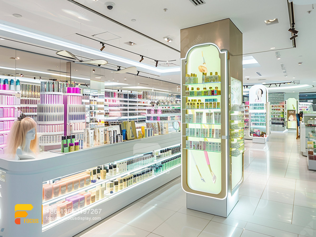 perfume display wall beauty counter cosmetics wig stands