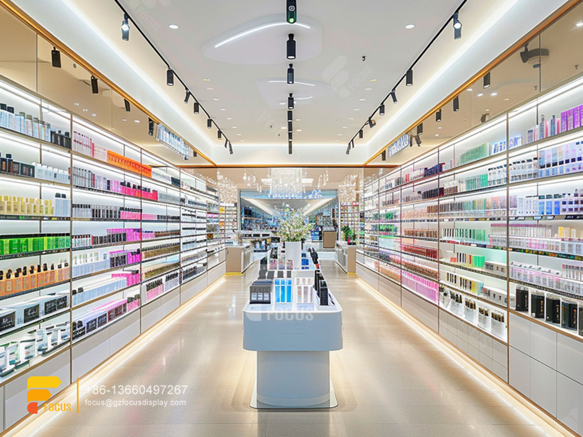 perfume display wall beauty counter cosmetics wig stands