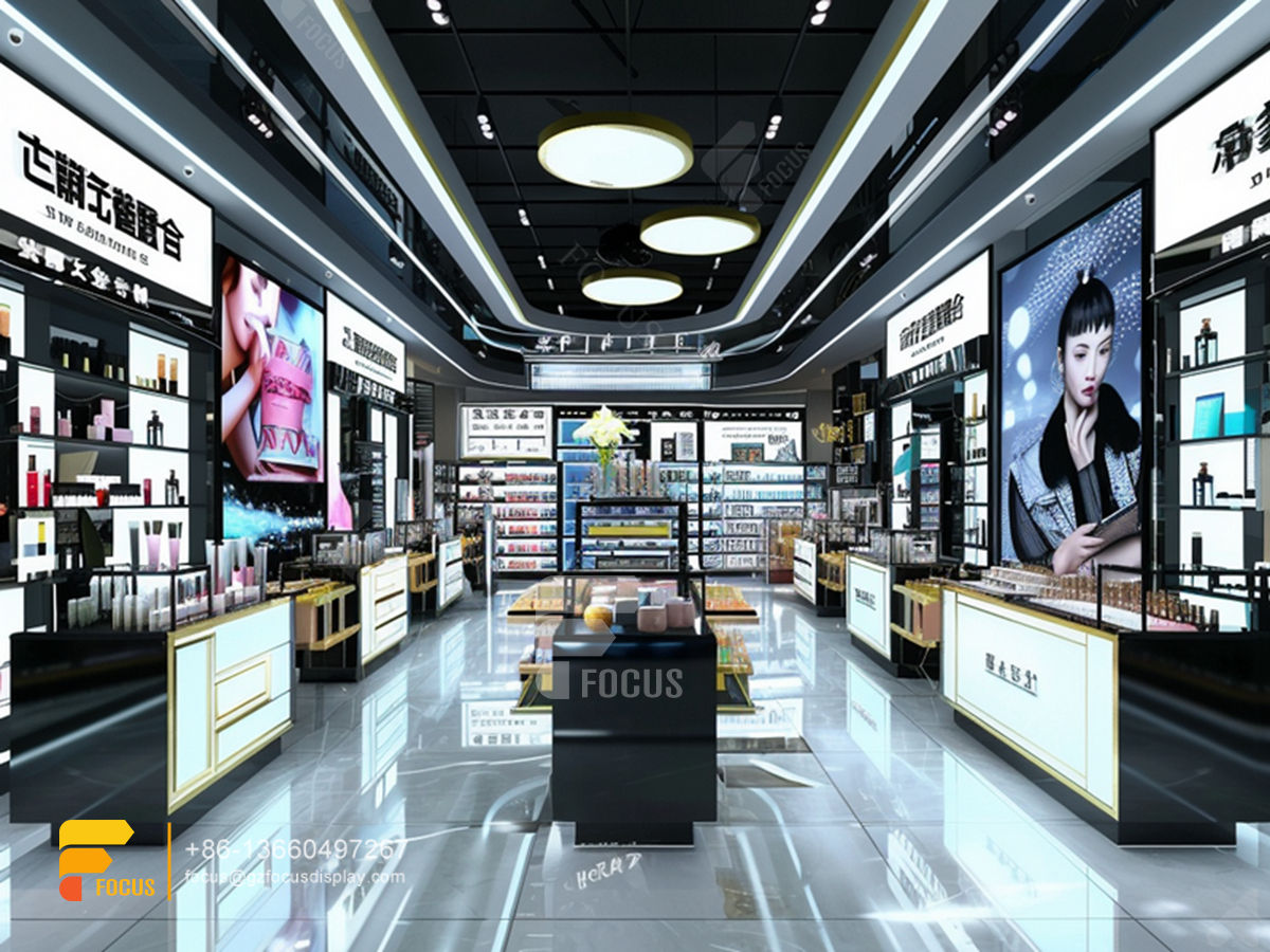 perfume retail stores cosmetic shop rack design wooden wig stand