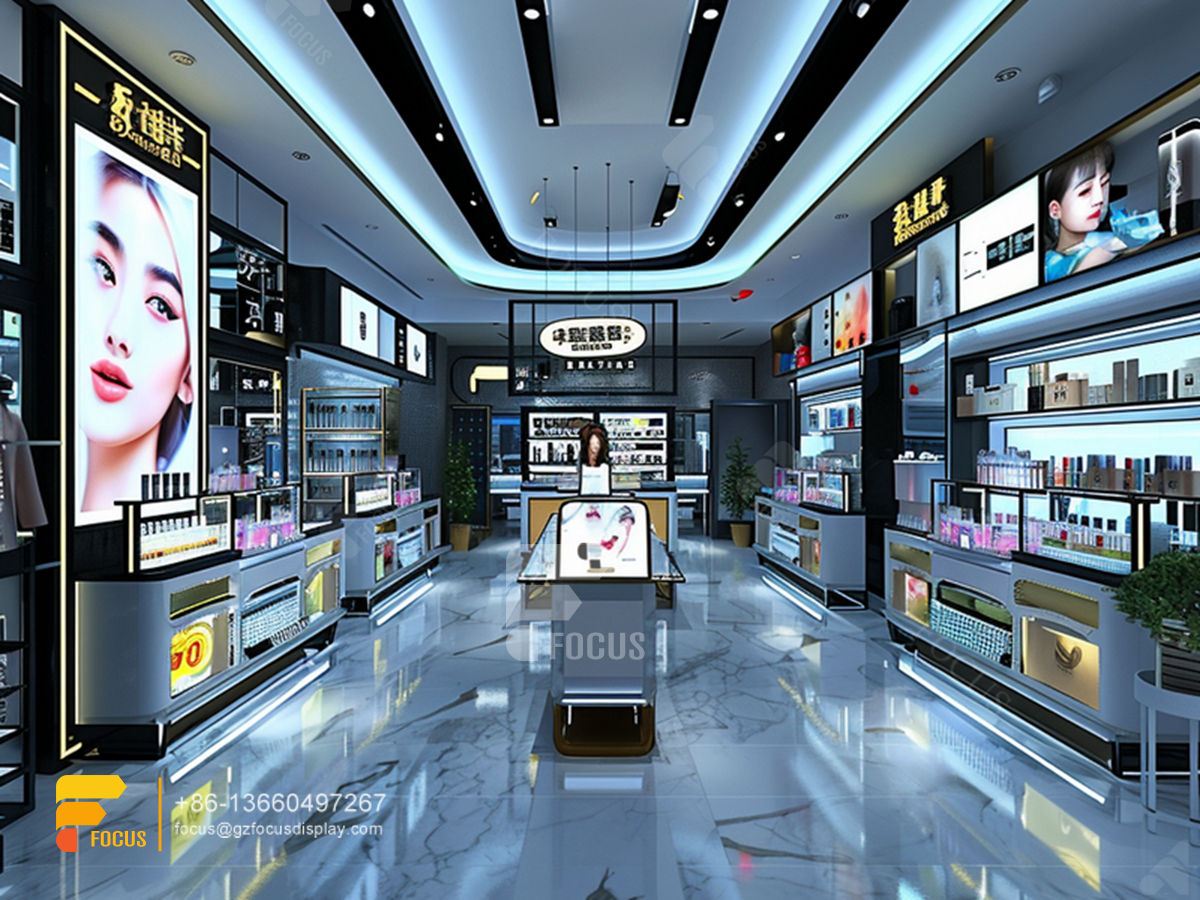 perfume retail stores cosmetic shop rack design wooden wig stand