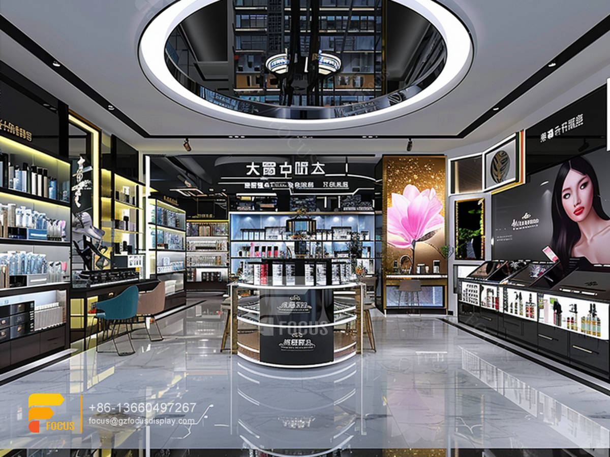 perfume retail stores cosmetic shop rack design wooden wig stand