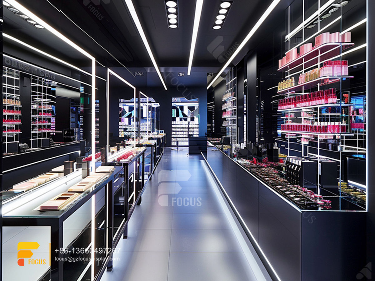 perfume shelving cosmetic store interior design wig stands
