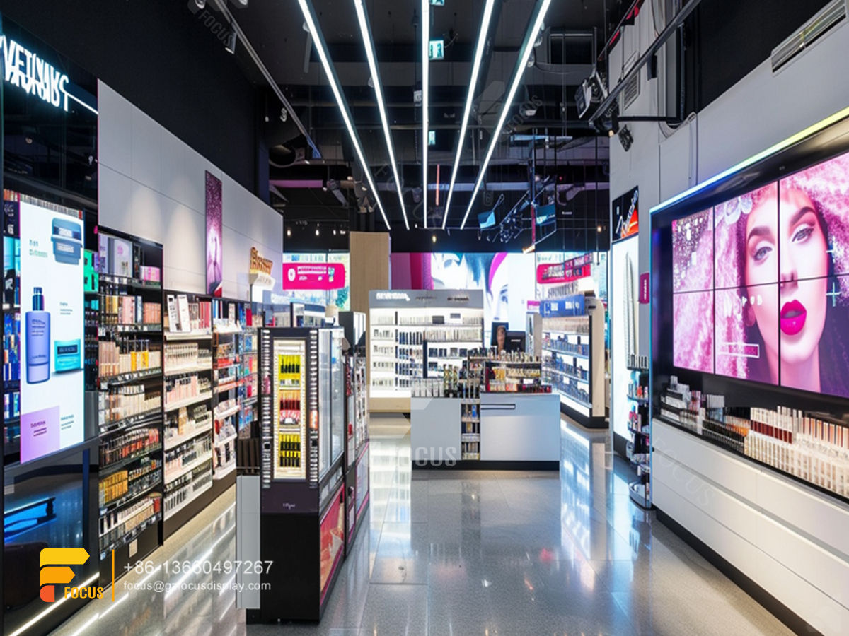 perfume shelving cosmetic store interior design wig stands