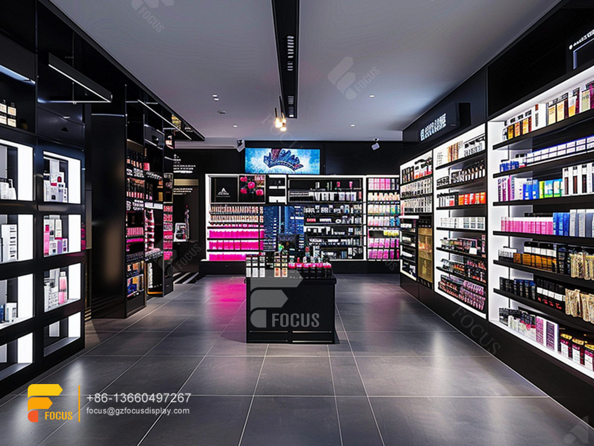 perfume shelving cosmetic store interior design wig stands