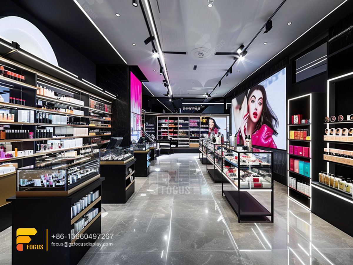 perfume shelving cosmetic store interior design wig stands