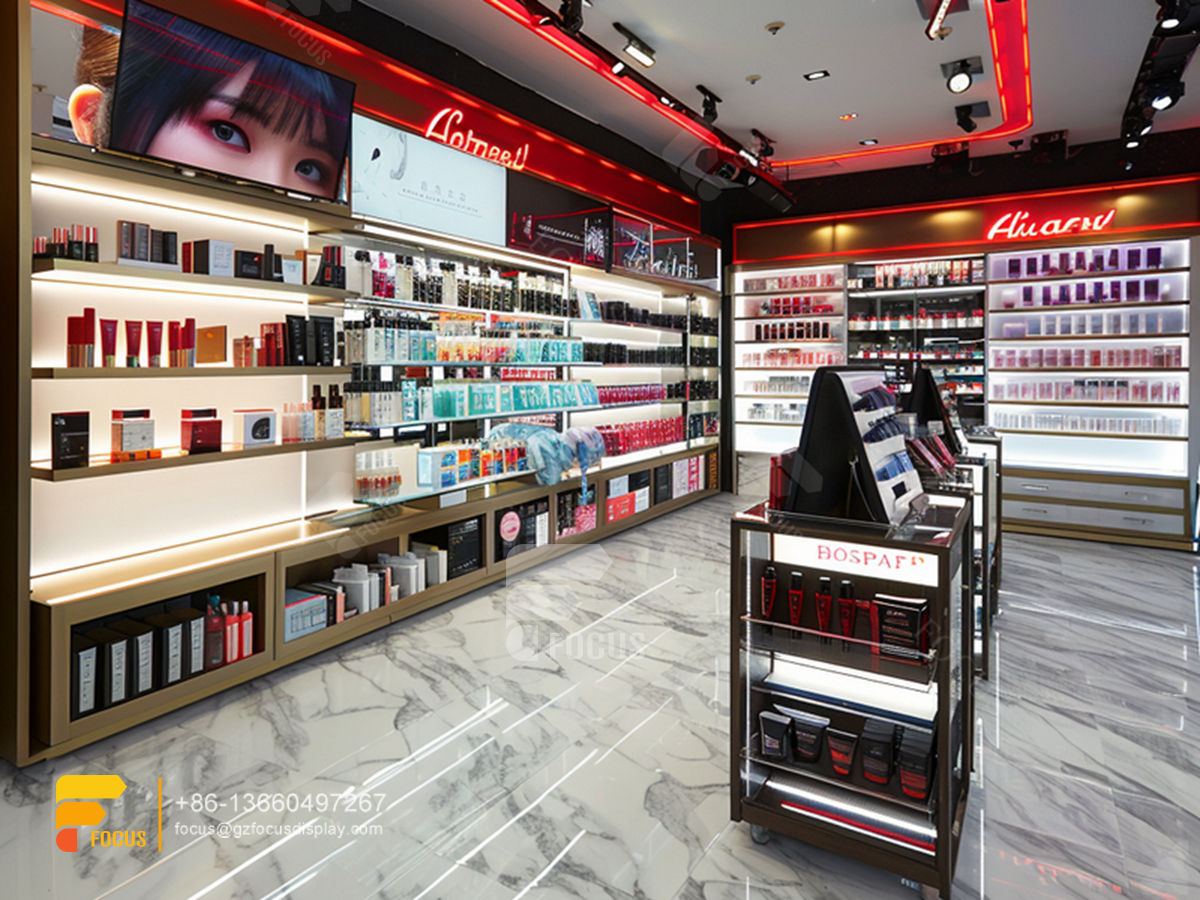 perfume store interior design cosmetics cabinet wooden hair rack