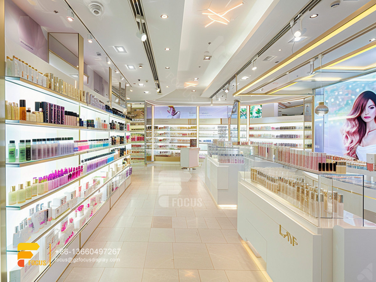 perfume wall display cosmetic stand design wig wall display