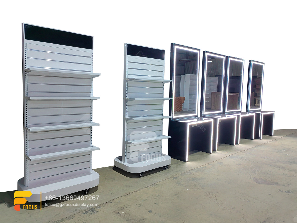custom wig shelf hair care store design shelving slatwall