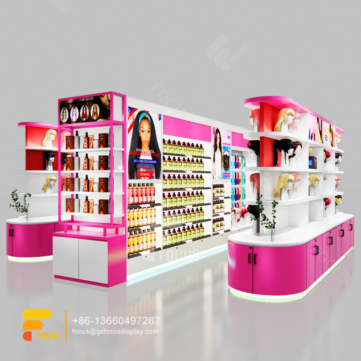beauty display racks wig station retail hair salon interior decoration