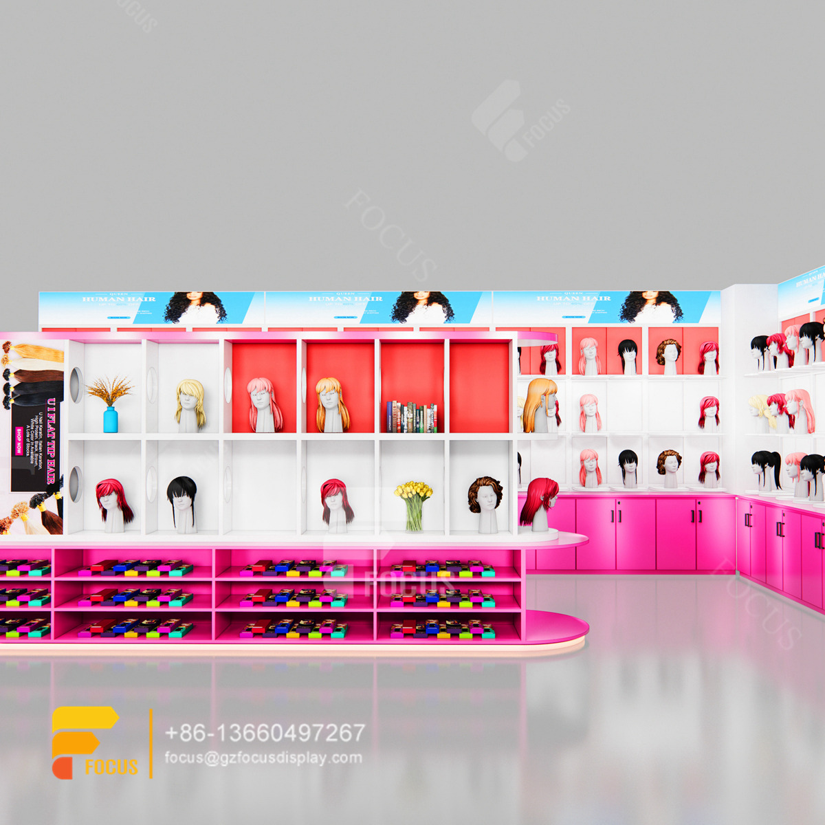 beauty retail display wall mounted wig display salon cabinet station