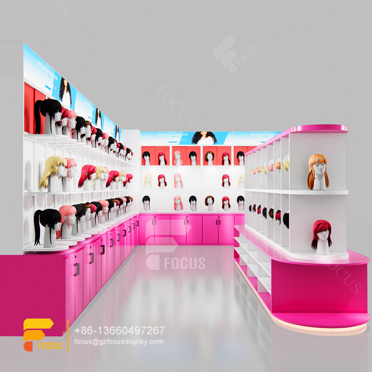 beauty retail display wall mounted wig display salon cabinet station