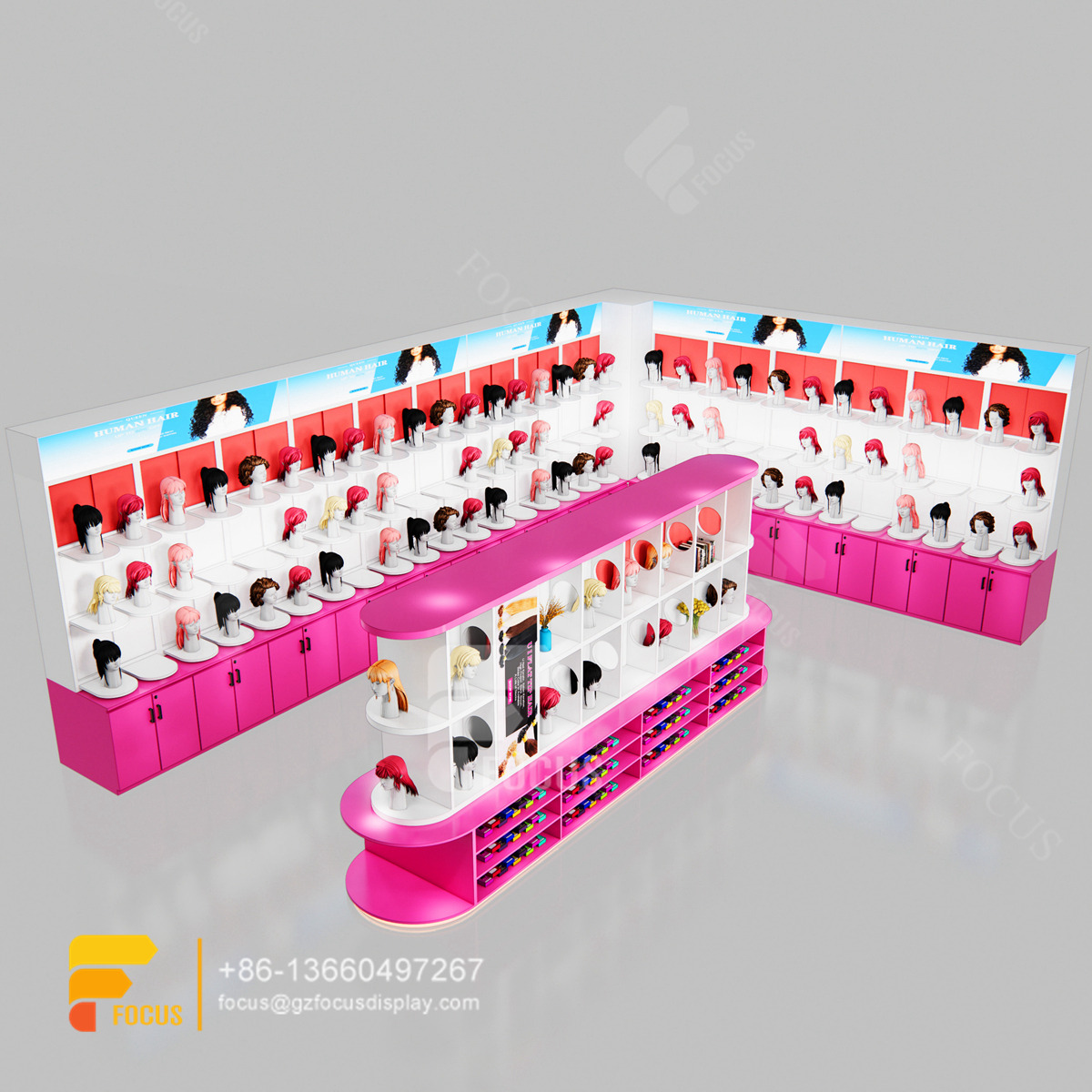 beauty retail display wall mounted wig display salon cabinet station