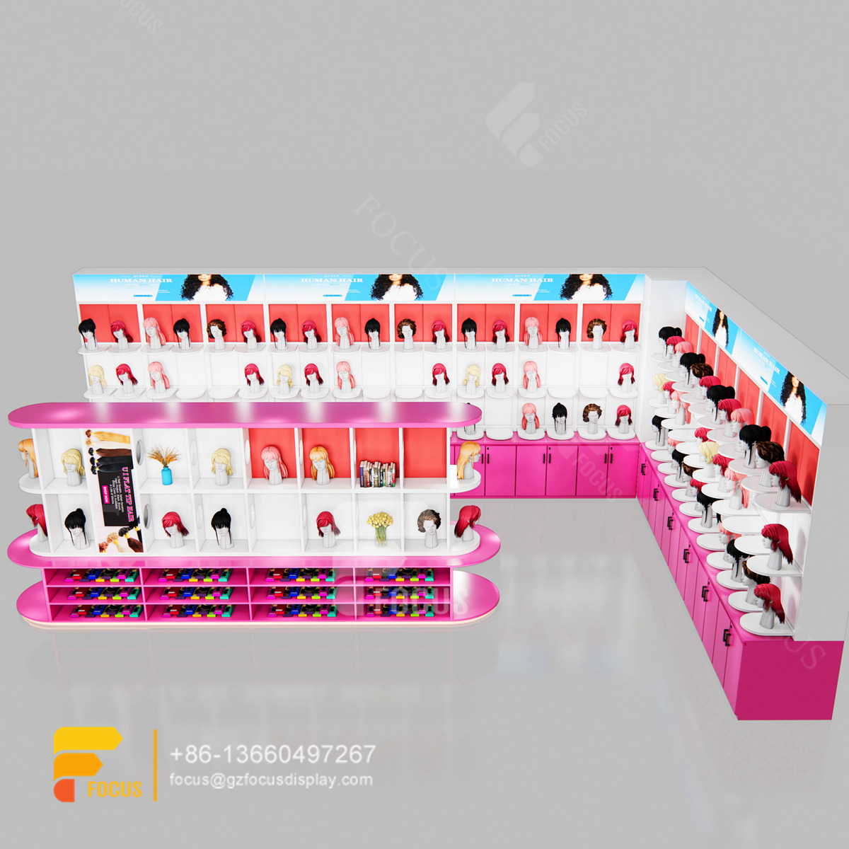 beauty retail display wall mounted wig display salon cabinet station