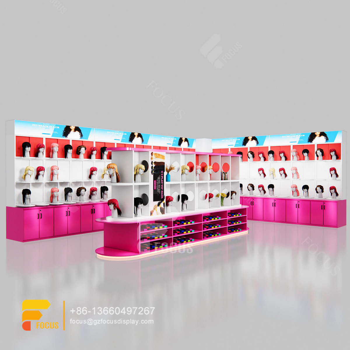 beauty retail display wall mounted wig display salon cabinet station