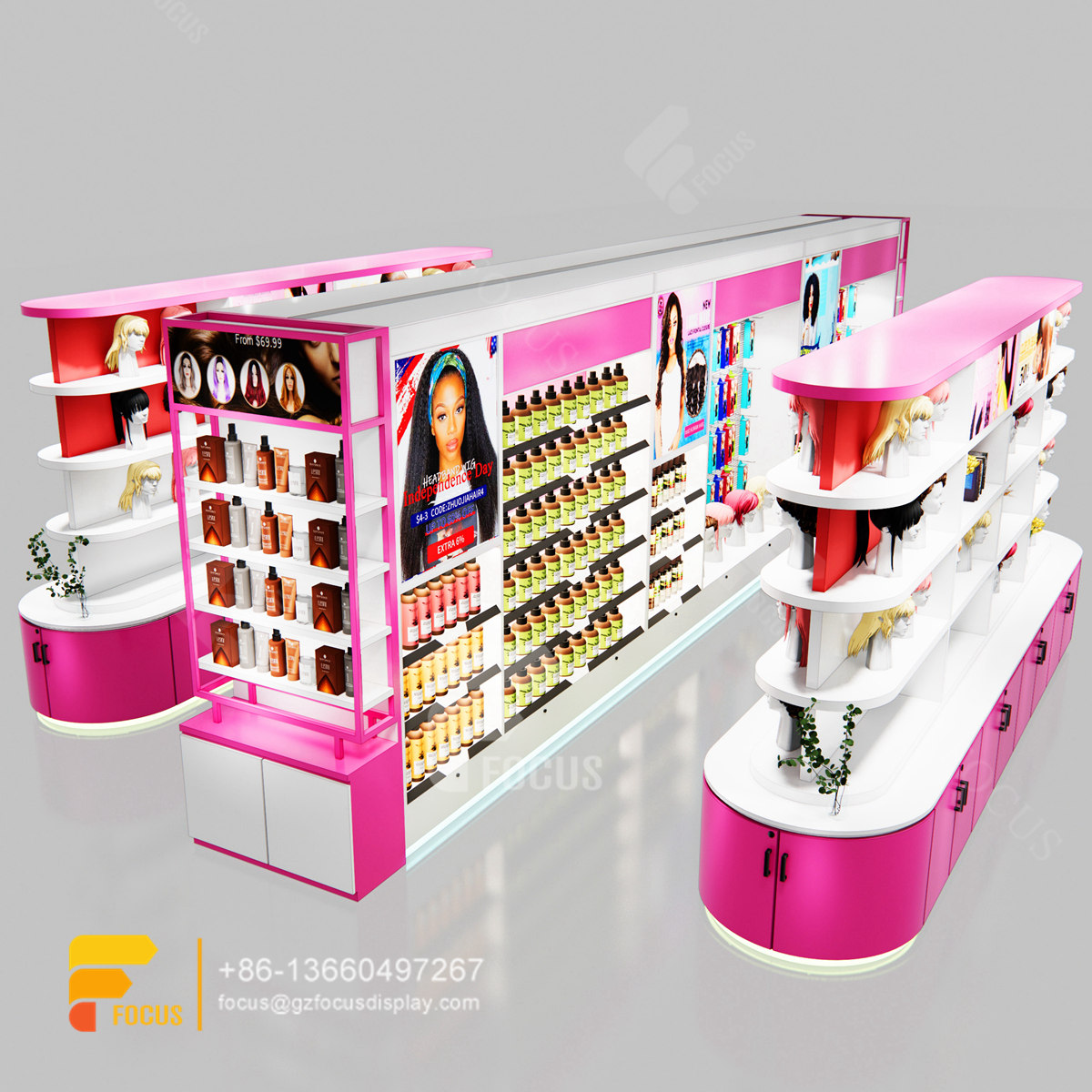 beauty shop counter wig head wall display hair salon layout