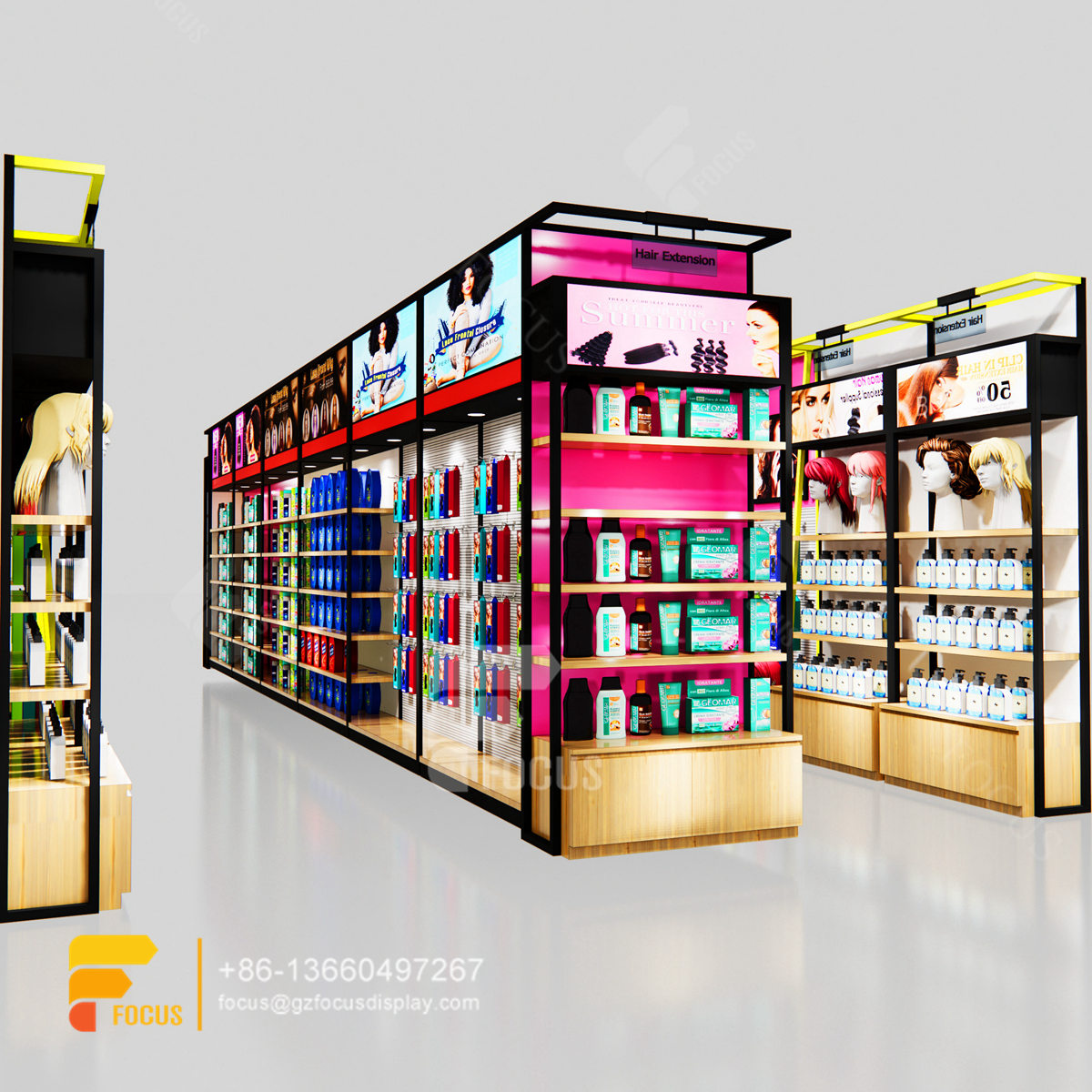 beauty shop counter wig head wall display hair salon layout