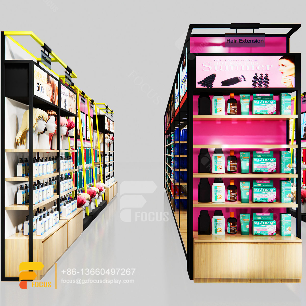 beauty shop counter wig head wall display hair salon layout