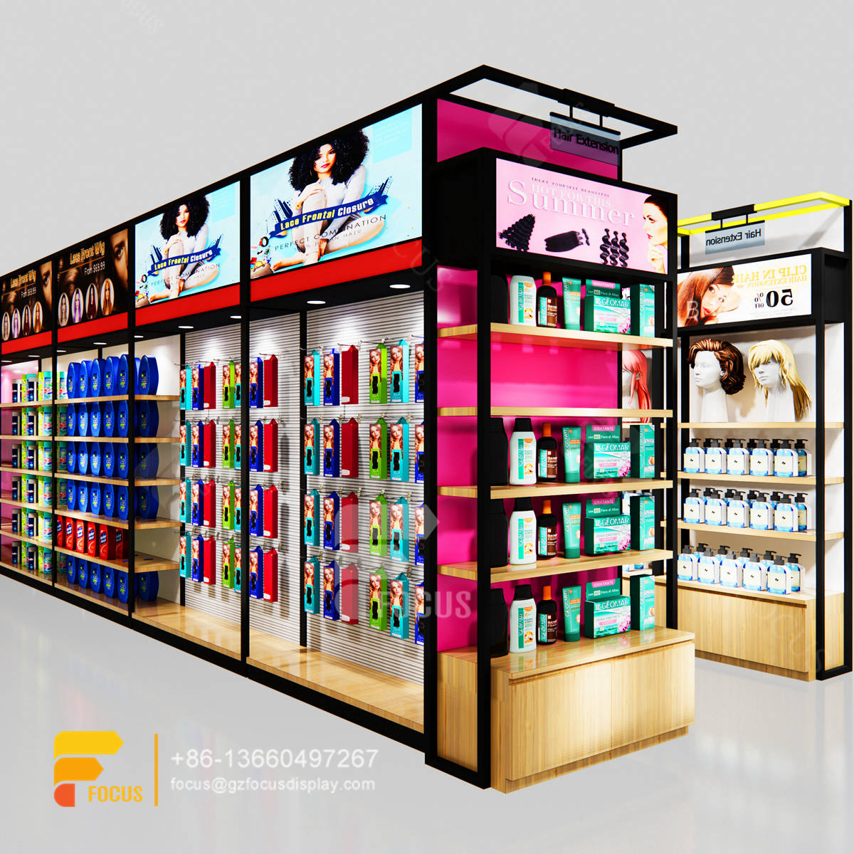 beauty shop counter wig head wall display hair salon layout