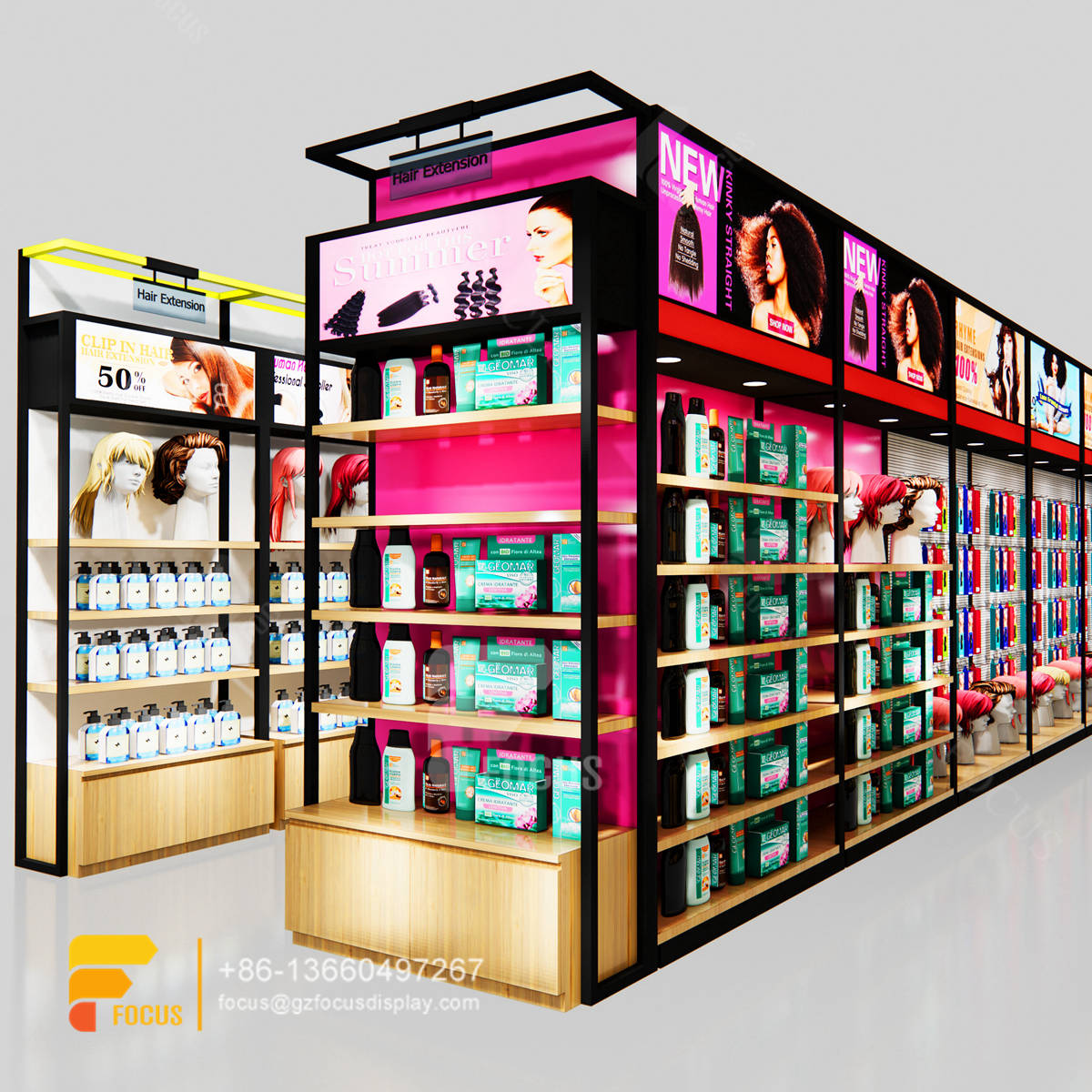 beauty shop counter wig head wall display hair salon layout