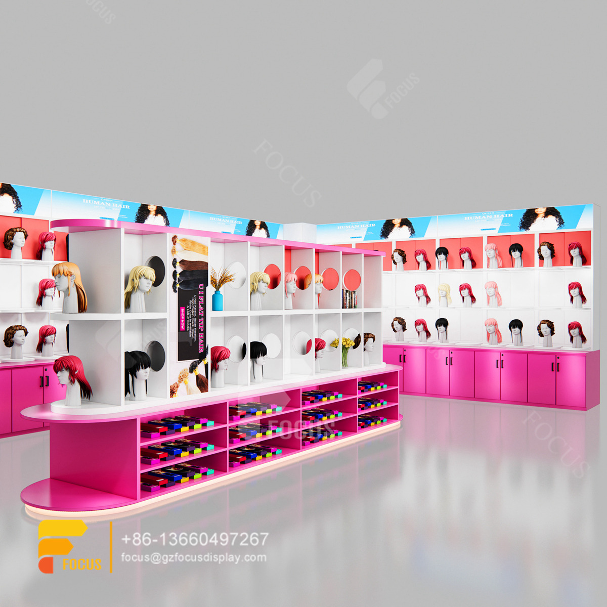beauty store display hair supply store wig head wall display