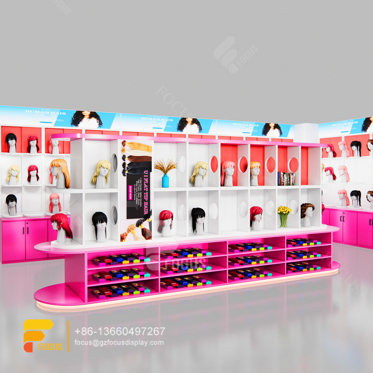 beauty store display hair supply store wig head wall display