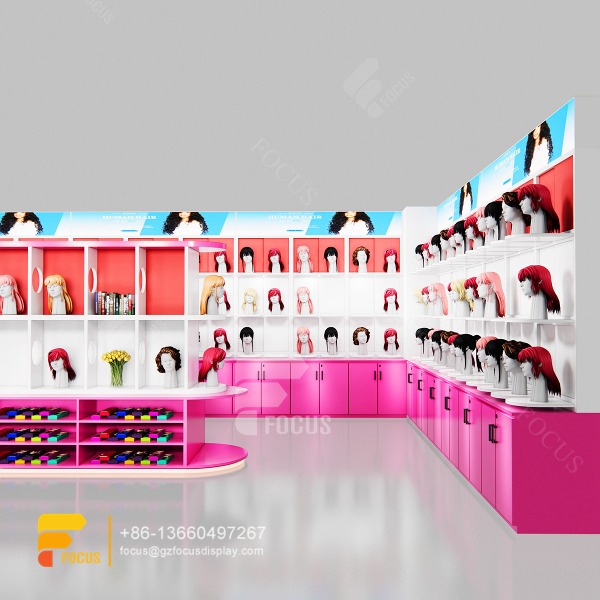 beauty store display hair supply store wig head wall display