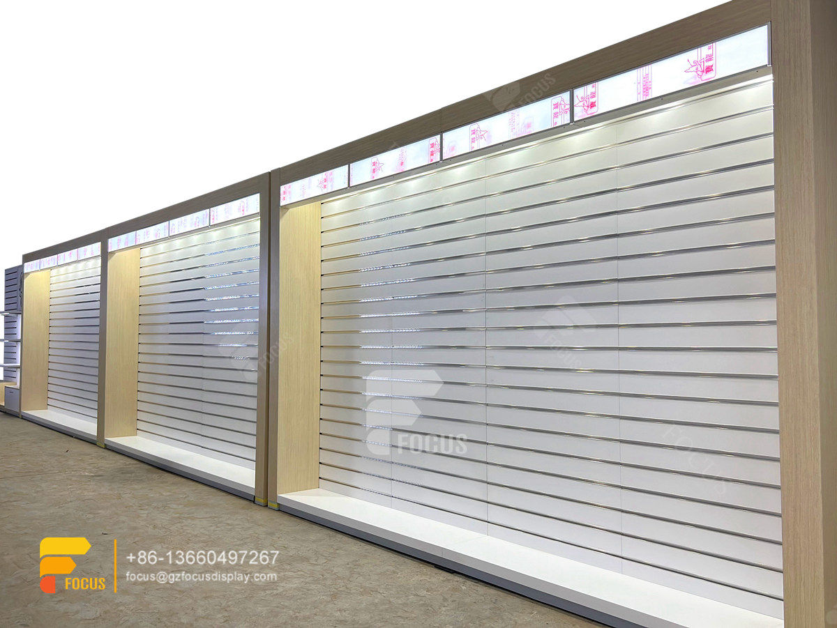costum hair store design wig display shelf slatwall stand