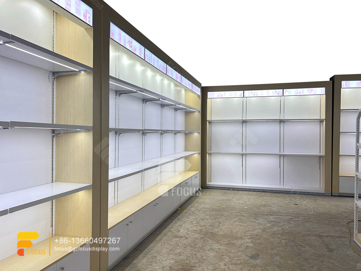 costum hair store design wig display shelf slatwall stand