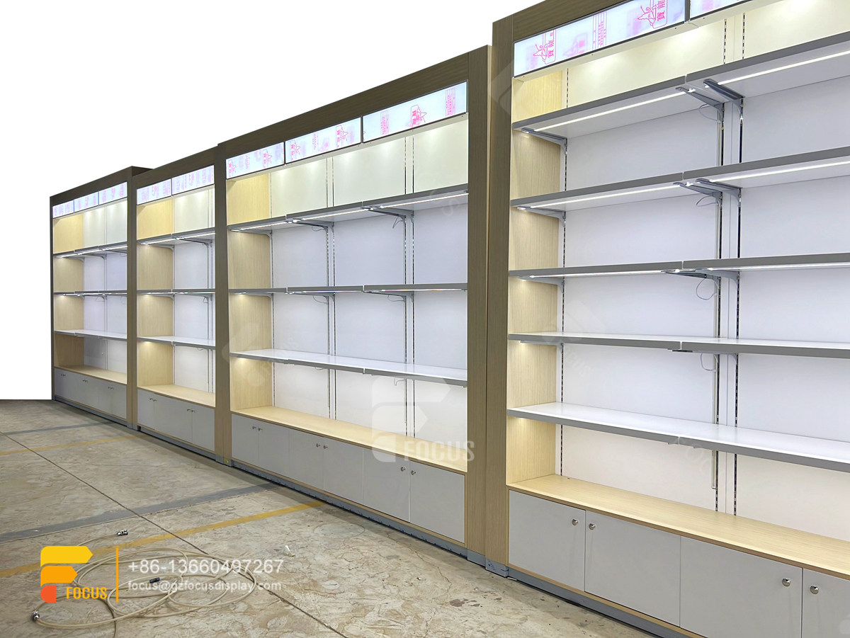 costum hair store design wig display shelf slatwall stand